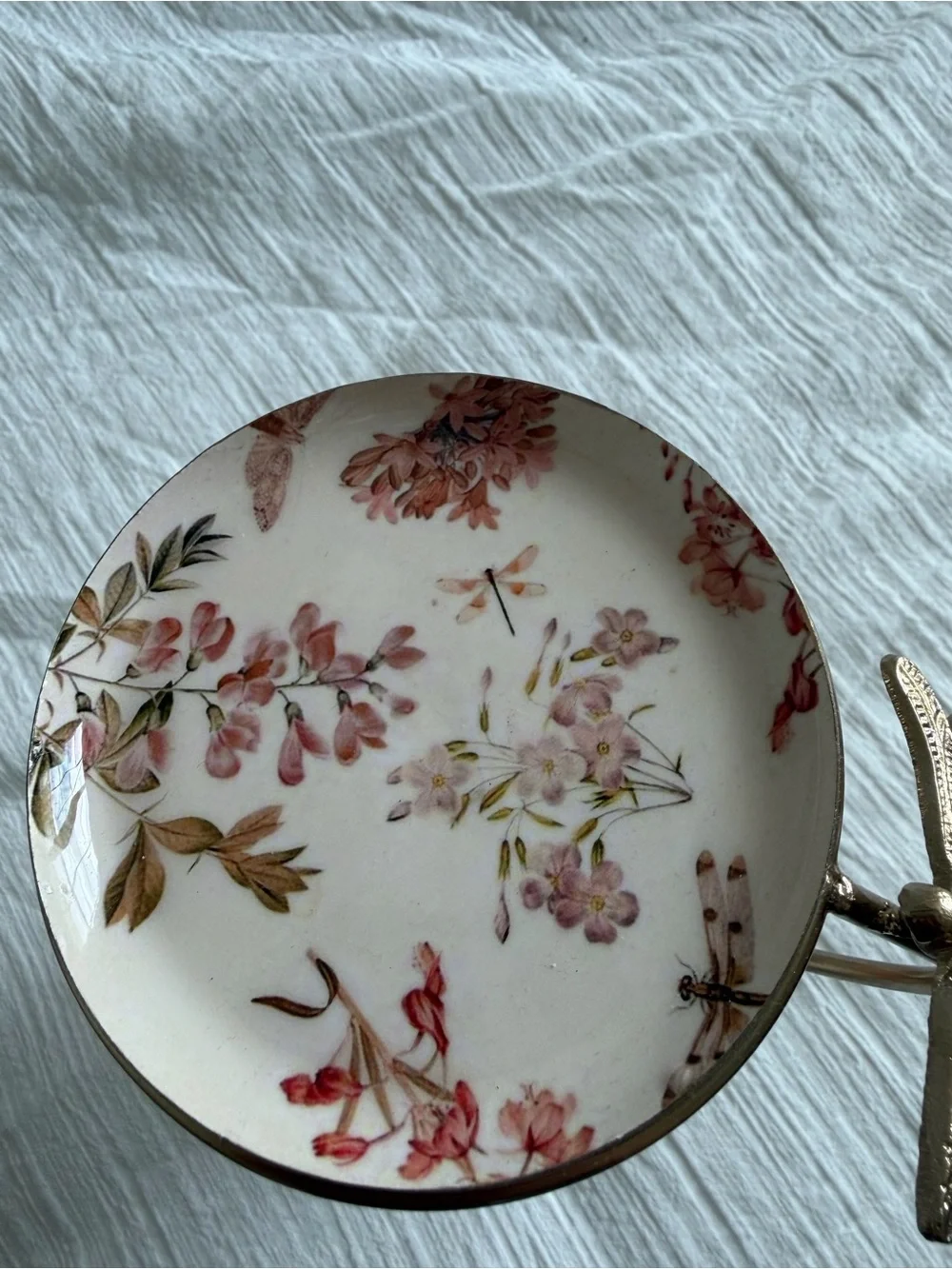 3-Tier Floral Ceramic Jewelry Stand with Gold Dragonfly Handle | Trinket Tray